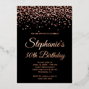 Rose Gold Glitter Leopard Glam Black 30th Birthday Foil Invitation