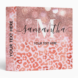 Rose Gold Glitter Leopard Print 3 Ring Binder