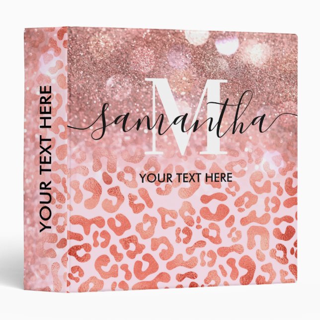 Rose Gold Glitter Leopard Print 3 Ring Binder (Front/Spine)