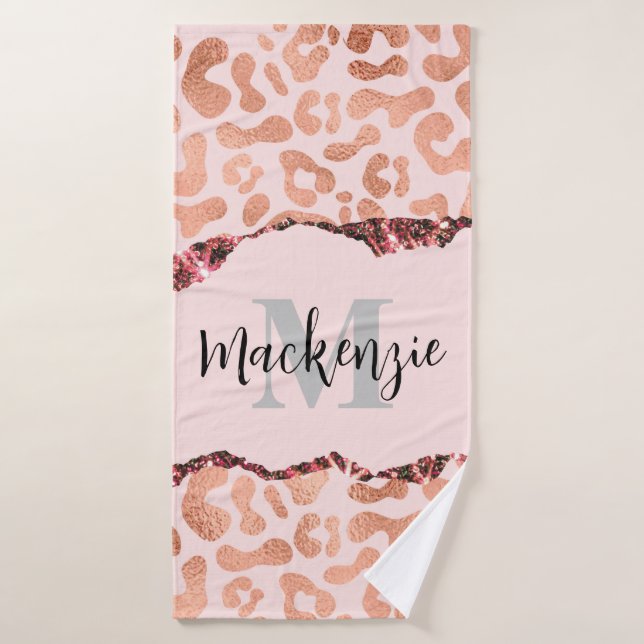 Rose Gold Glitter Leopard Print Bath Towel Set (Bath Towel)
