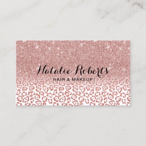 Rose Gold Glitter Leopard Print Beauty Salon Business Card