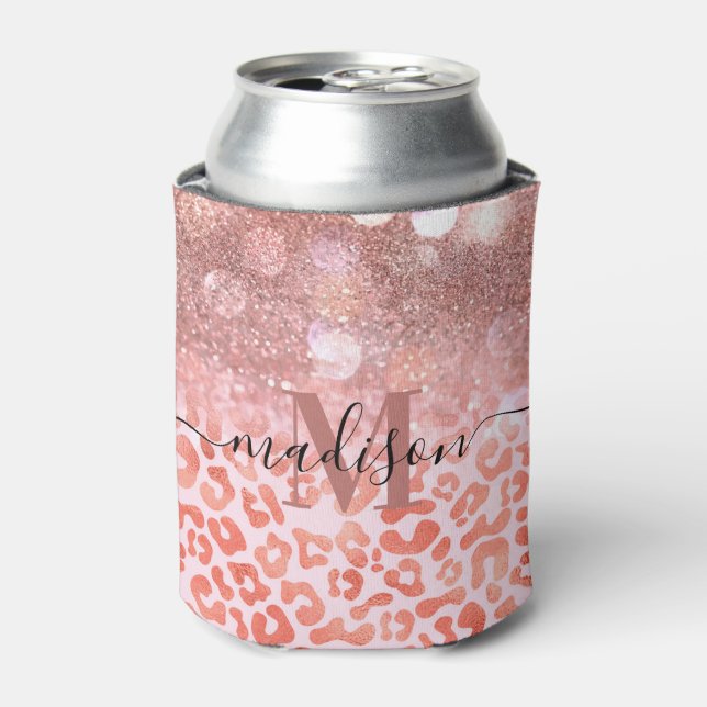 Rose Gold Glitter Leopard Print Can Cooler (Can Front)