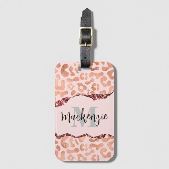 Rose Gold Glitter Leopard Print Luggage Tag (Front Vertical)