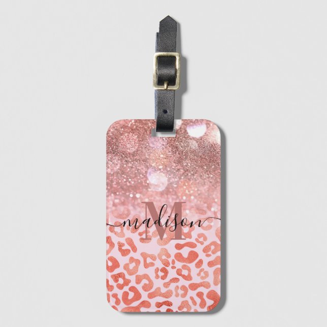 Rose Gold Glitter Leopard Print Luggage Tag (Front Vertical)