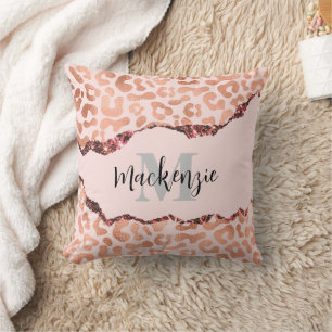 Rose Gold Glitter Leopard Print Throw Pillow