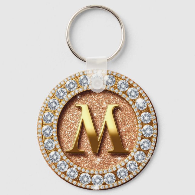 Rose Gold Glitter Letter M Custom Initial  Keychain (Front)