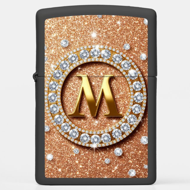 ✨Rose Gold Glitter Letter M Monogram Elegant 🔥 Zippo Lighter (Front)