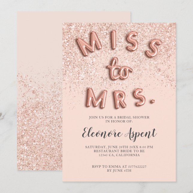 Rose gold glitter letters blush bridal shower invitation (Front/Back)