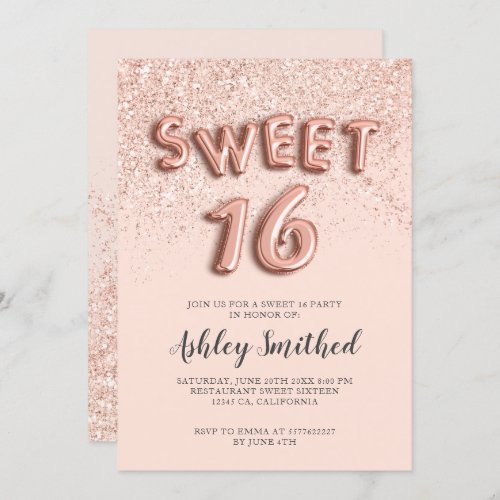 Rose gold glitter letters blush sweet sixteen invitation