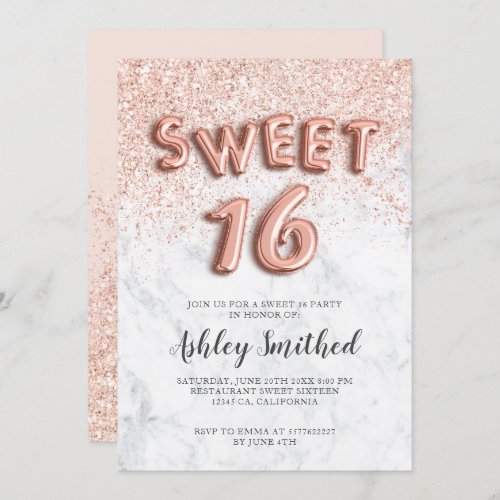 Rose gold glitter letters marble sweet sixteen invitation