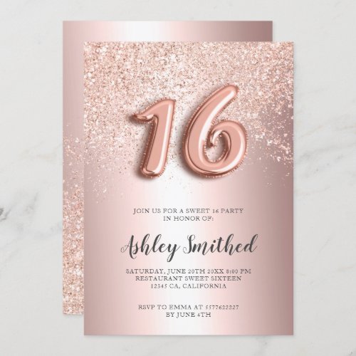 Rose gold glitter letters metallic chic sweet 16 invitation