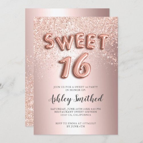 Rose gold glitter letters metallic sweet sixteen invitation