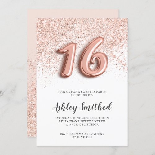 Rose gold glitter letters pink glam chic sweet 16 invitation