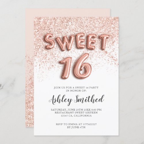 Rose gold glitter letters pink sweet sixteen invitation