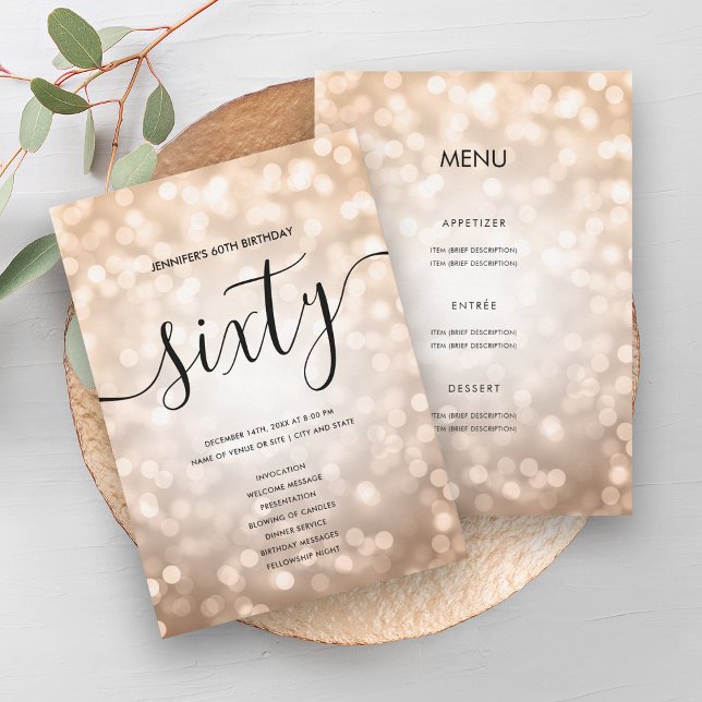 Rose Gold Glitter Light 60th Birthday Menu Program (Rose Gold Glitter Light 60th Birthday Menu Program)