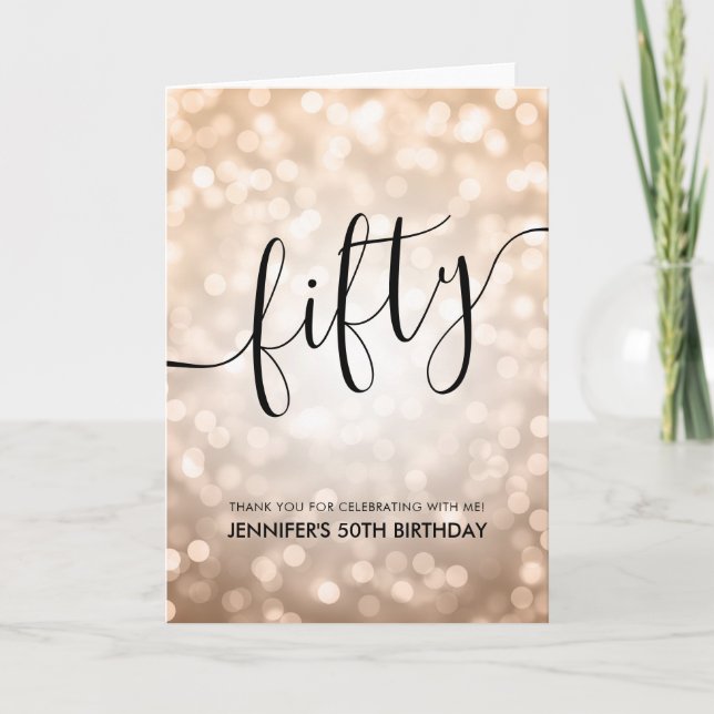 Rose Gold Glitter Lights 50th Birthday Thank You (Front)