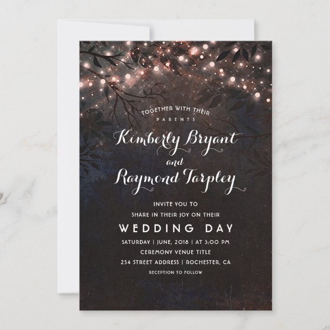 Rose Gold Glitter Lights | Rustic Country Wedding Invitation (Front)