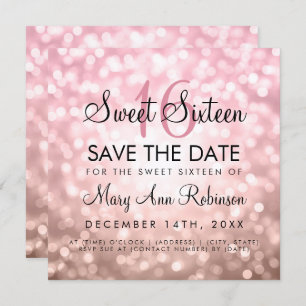 Rose Gold Glitter Lights Sweet 16 Save The Date Invitation