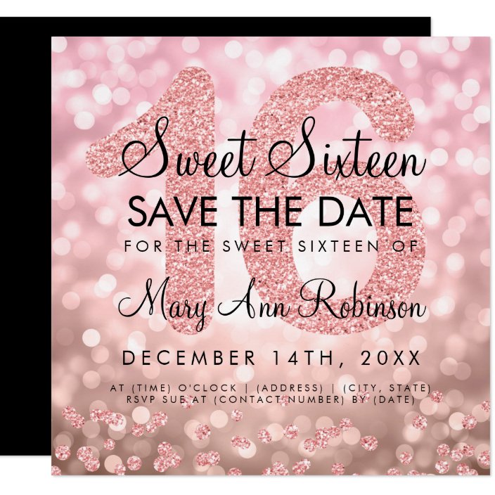 Rose Gold Glitter Lights Sweet 16 Save The Date Invitation