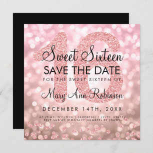 Rose Gold Glitter Lights Sweet 16 Save The Date Invitation