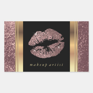Rose Gold Glitter Lips and Elegant Gold Font Rectangular Sticker
