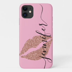 Rose Gold Glitter Lips, Personalized Pink iPhone 11 Case