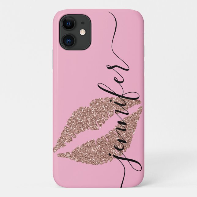 Rose Gold Glitter Lips, Personalized Pink Case-Mate iPhone Case (Back)