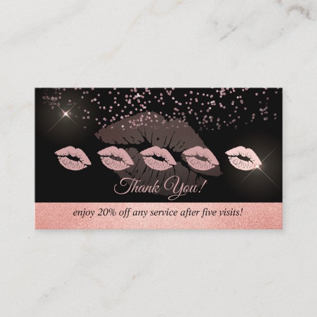 Rose gold Glitter lips punch loyalty Business Card (Front)