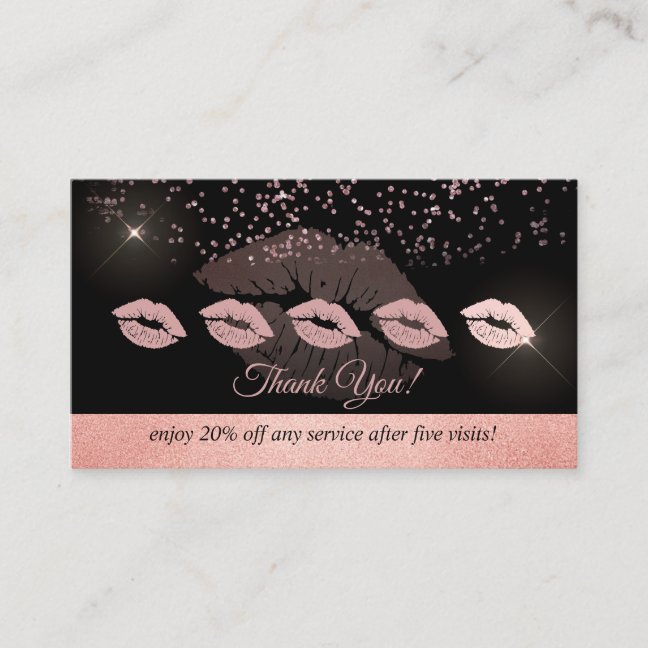 Rose gold Glitter lips punch loyalty Business Card