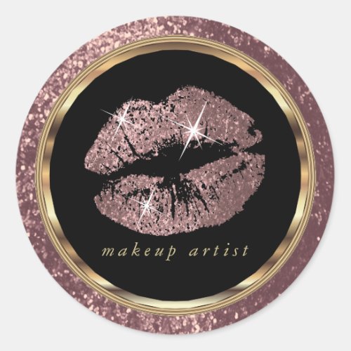 Rose Gold Glitter Lips with Gold Font Classic Round Sticker