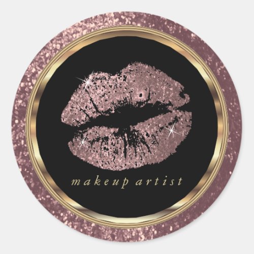 Rose Gold Glitter Lips with Gold Font Classic Round Sticker