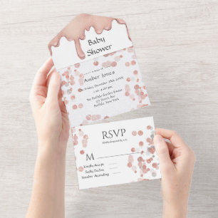 Rose Gold Glitter Liquid  Baby Girl Shower All In One Invitation