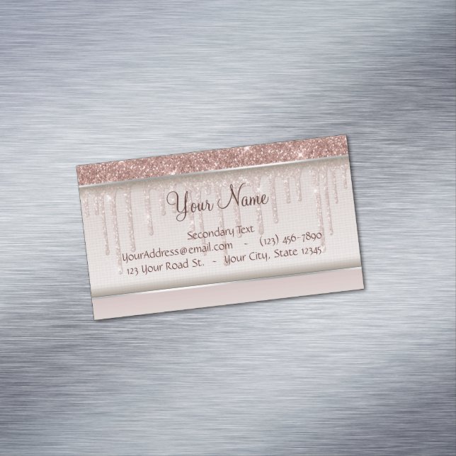 Rose Gold Glitter Liquid Drips Business Card Magnet (In Situ)