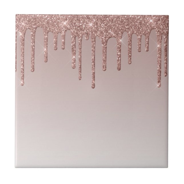 Rose Gold Glitter Liquid Drips Ceramic Tile (Front)