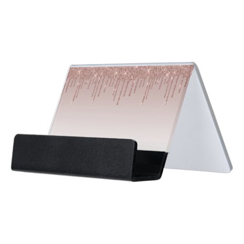 Rose Gold Glitter Liquid Drips Desk Business Card Holder