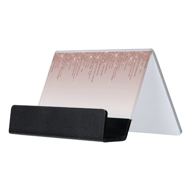Rose Gold Glitter Liquid Drips Desk Business Card Holder (Angled Front)