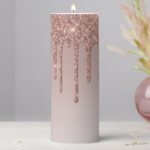 Rose Gold Glitter Liquid Drips Pillar Candle