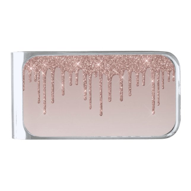 Rose Gold Glitter Liquid Drips Silver Finish Money Clip (Front)