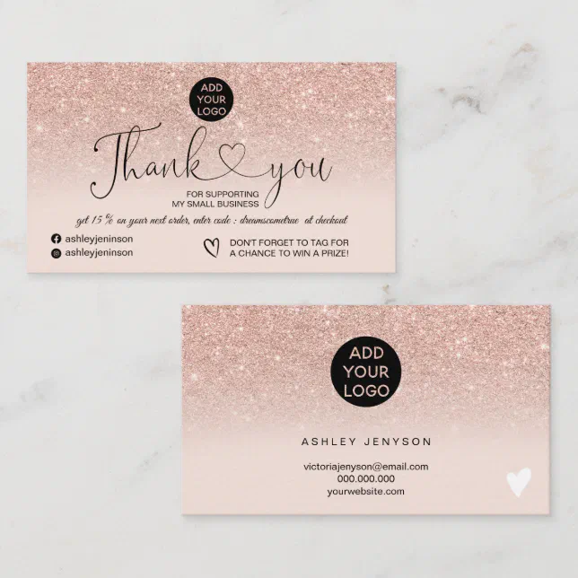 Rose gold glitter logo blush pink order thank you business card | Zazzle
