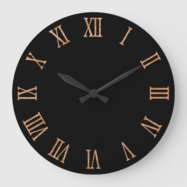 Rose Gold Glitter Look Bold Roman Numerals Black Large Clock (Front)