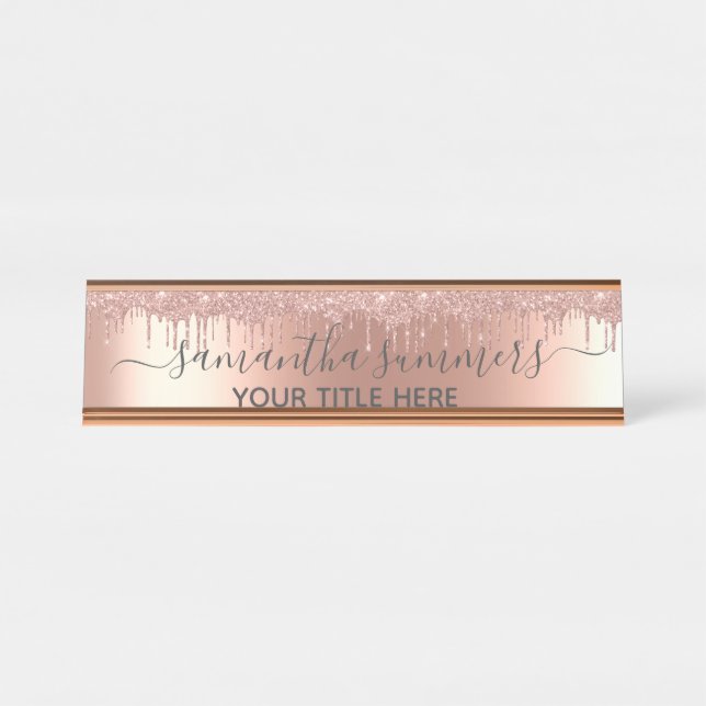 Rose Gold Glitter look Drips Handwritten Desk Name Plate (Front)