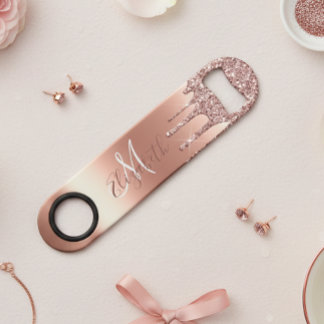 Rose Gold Glitter Look Drips Monogram Metal Bar Key