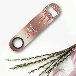 Rose Gold Glitter Look Drips Monogram Metal Bar Key