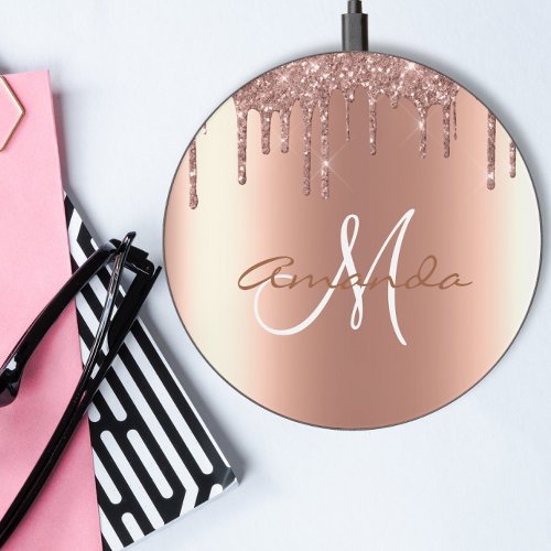 Rose Gold Glitter Look Monogram name Personalized  Wireless Charger