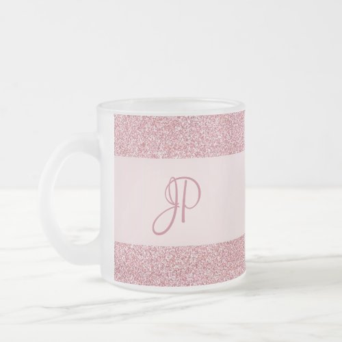 Rose Gold Glitter Look Monogram Trendy Template Frosted Glass Coffee Mug