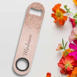 Rose Gold Glitter Look Ombre Monogram Stylish Bar Key