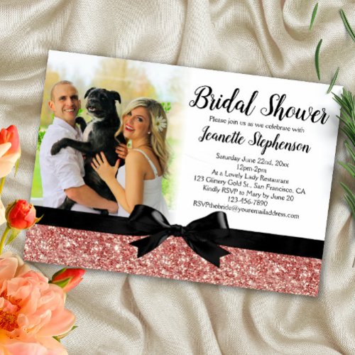 Rose Gold Glitter_look Ribbon Photo Bridal Shower Invitation