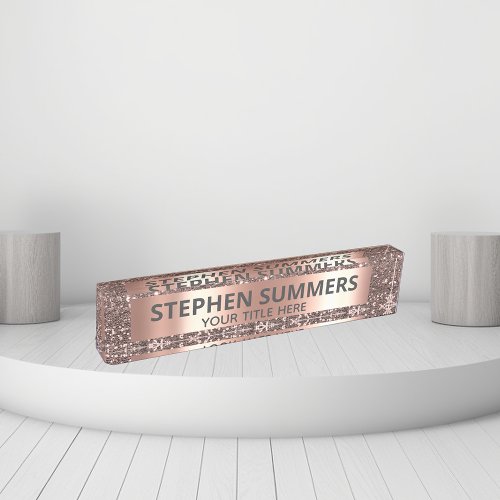 Rose Gold Glitter Look Sparkle Glam Custom Desk Name Plate