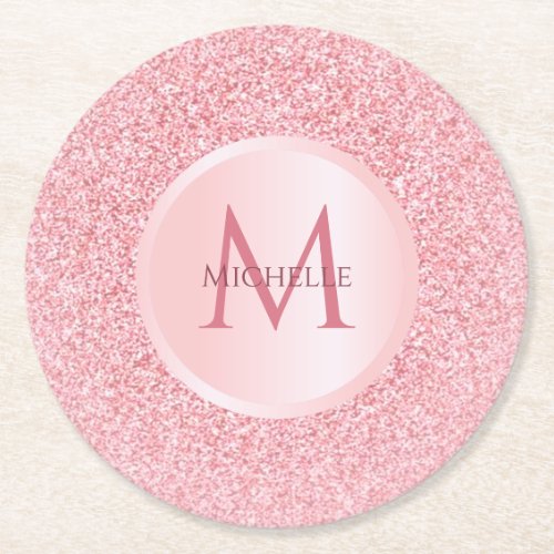 Rose Gold Glitter Look Template Stylish Girly Round Paper Coaster