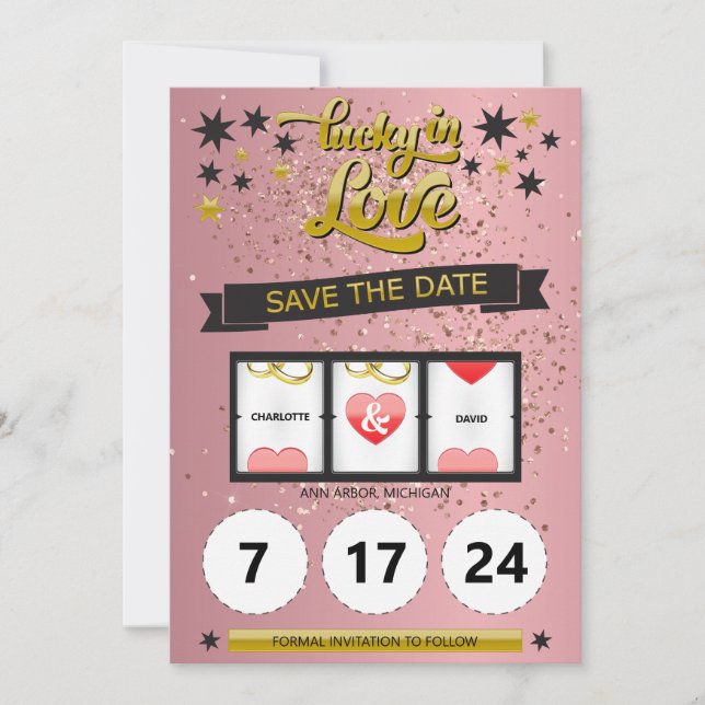 Rose Gold Glitter Lucky in Love Save the Date (Front)